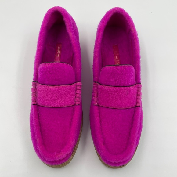 Stuart Weitzman RARE Bromley Spanish Shearling Lambs Wool Loafers Flamingo Pink - Picture 7 of 16